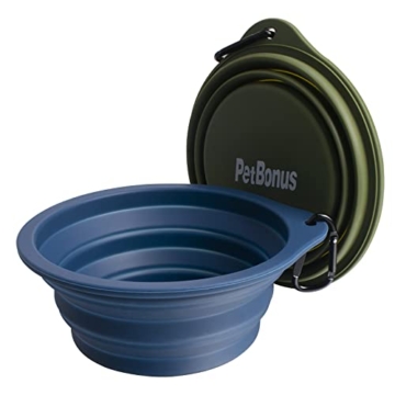PetBonus Hundenäpfe Faltbar Hundenapf, 2 Stück Silikon Wassernapf für Hunde Unterwegs, Tragbar Auslaufsichere Reisenäpfe mit Karabiner für Hunde Katzen für Wasser und Futter (Armeegrün, Marineblau) - 2